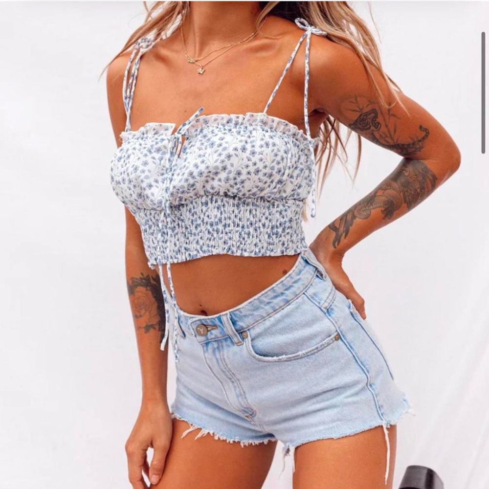 Princess Polly White and Blue Patterned Crop Top